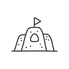 Cute sand castle icon. Hand drawn monochrome illustration of a sand building construction isolated on a white background. Kawaii sticker. Vector 10 EPS.