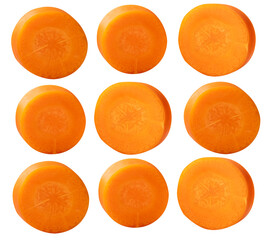 Top view set of orange carrot slices in circle shape isolated with clipping path in png file format