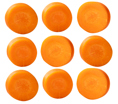 Top view set of orange carrot slices in circle shape isolated with clipping path in png file format