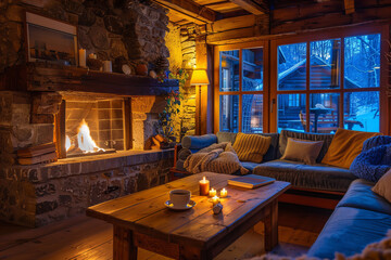 Fototapeta premium Cozy Living Room with Warm Fireplace, Knitted Blankets, Hot Drinks, and Inviting Ambiance for a Perfect Relaxation Day in a Rustic Cottage Decor Setting