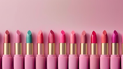 Colorful Lipsticks in a Row on Pink Background