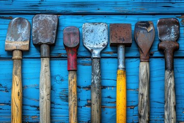 Old rusty tools arranged in a row on a blue wooden background