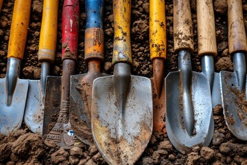 A variety of dirty shovels arranged on a pile of loose soil