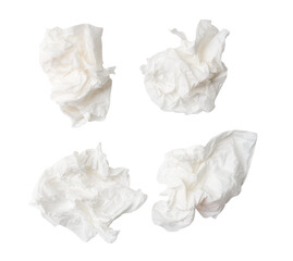 Fototapeta premium Top view set of screwed or crumpled white tissue paper balls after use isolated with clipping path in png file format