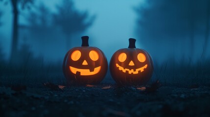 Pair of companions enjoying an eerie celebration with carved pumpkins and fog, realistic photo, high resolution, mysterious setting