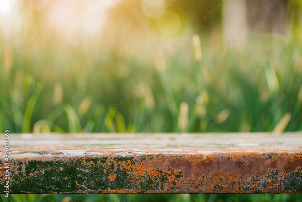 Aufkleber empty rusty metal surface providing space for placing products with blurred green grass background
