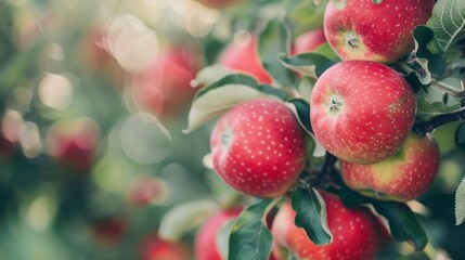 Obraz premium A bunch of red apples hanging from a tree
