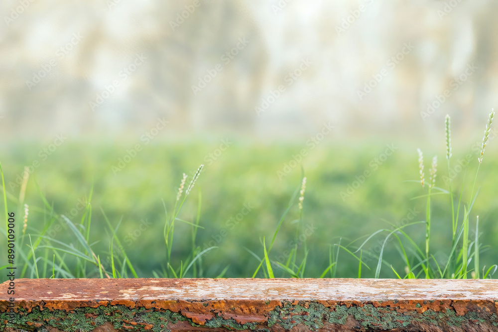 Wall mural empty stone table on lush green grass, perfect for text or graphics. serene and rustic, ideal for sh