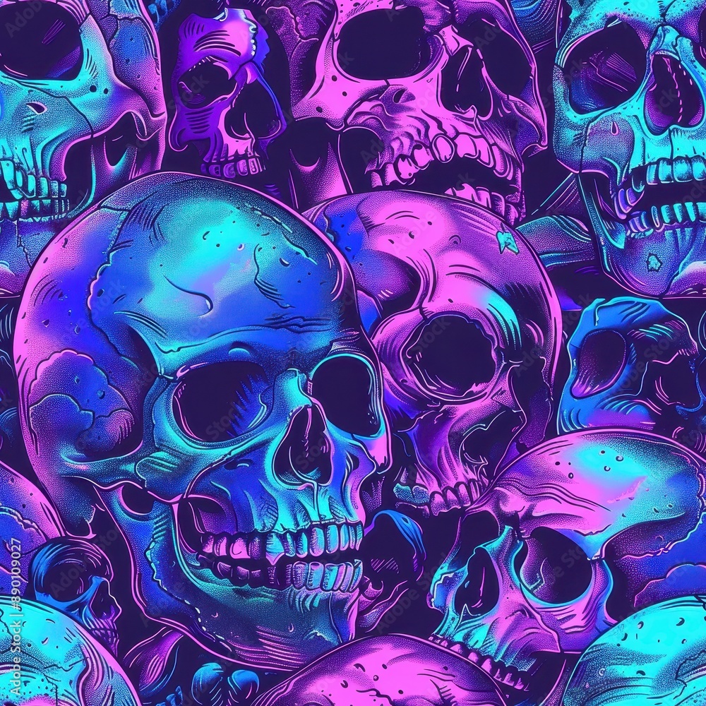 Sticker seamless neon skull pattern