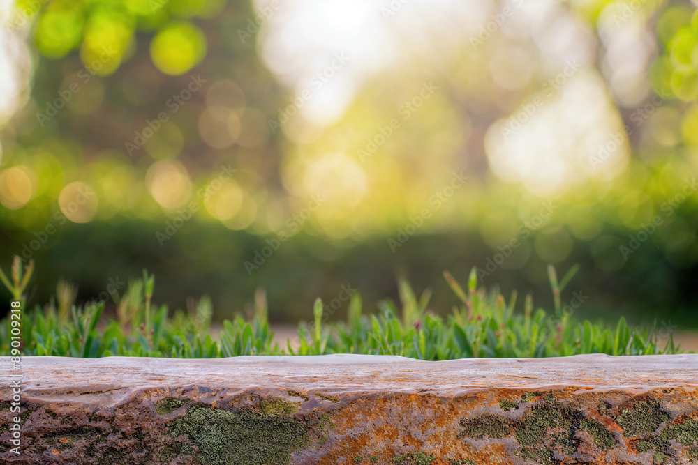 Poster empty stone surface displaying fresh green grass with blurred bokeh background for product display
