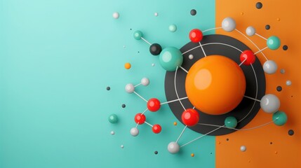 Fototapeta premium Colorful abstract geometric shapes and spheres arranged in a modern, artistic pattern with vibrant turquoise and orange background.