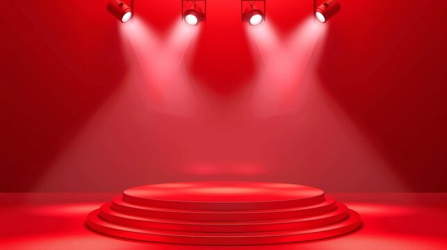 Podium with circular red presentation stage on light backdrop under four spotlights. Editable vector background illustration. 