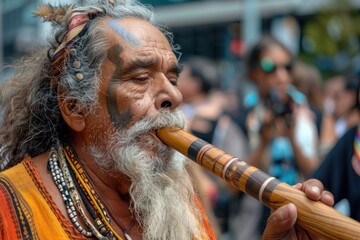 Obraz premium Close-up of a street musician performing on a didgeridoo, captivating passersby with the deep and resonant sound. The musician's face shows concentration and dedication as they play. People gather
