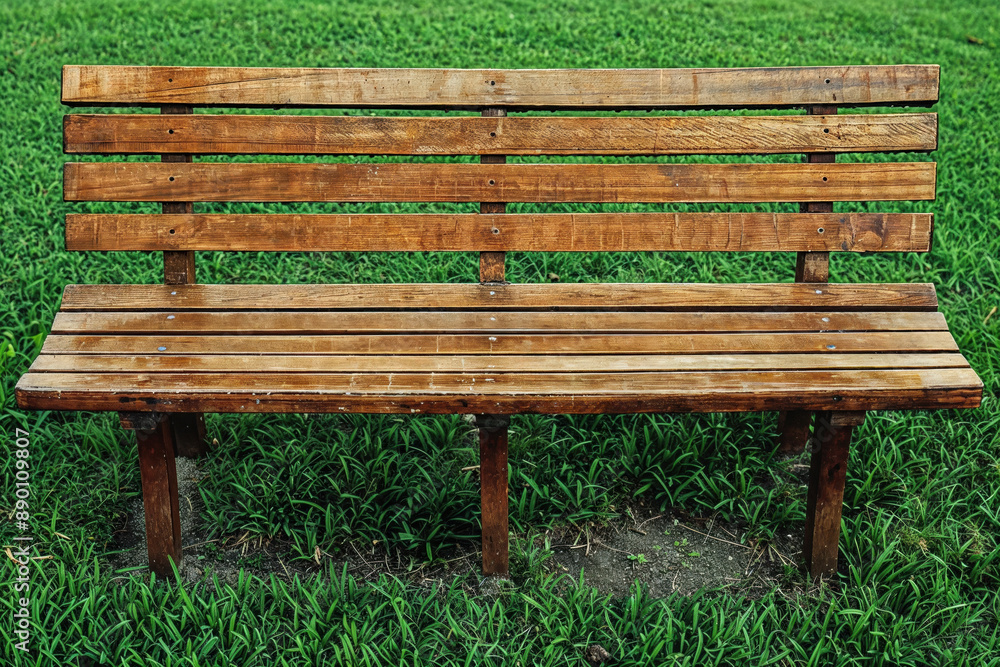 Poster empty wooden bench is placed on a patch of lush green grass, offering a place to relax and enjoy the