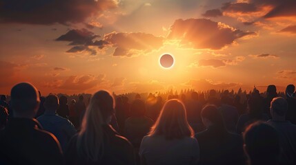 Crowd of people watching an annular solar eclipse, illustration for the total eclipse of the sun. Image of nature. copy space for text.