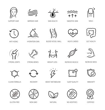 Vitality icon set for healthy food, lifestyle, human-improving products.The outline icons are well scalable and editable. Contrasting elements are good for different backgrounds. EPS10.