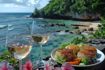 Tropical Coastal Dining at Sunset: Wine and Gourmet Seafood with Scenic Ocean View