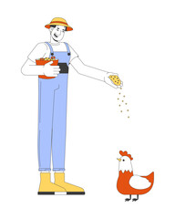 Happy asian man farmer feeding chicken 2D cartoon character. Korean male giving grains to hen isolated flat vector person white background. Poultry farm routine work color spot illustration