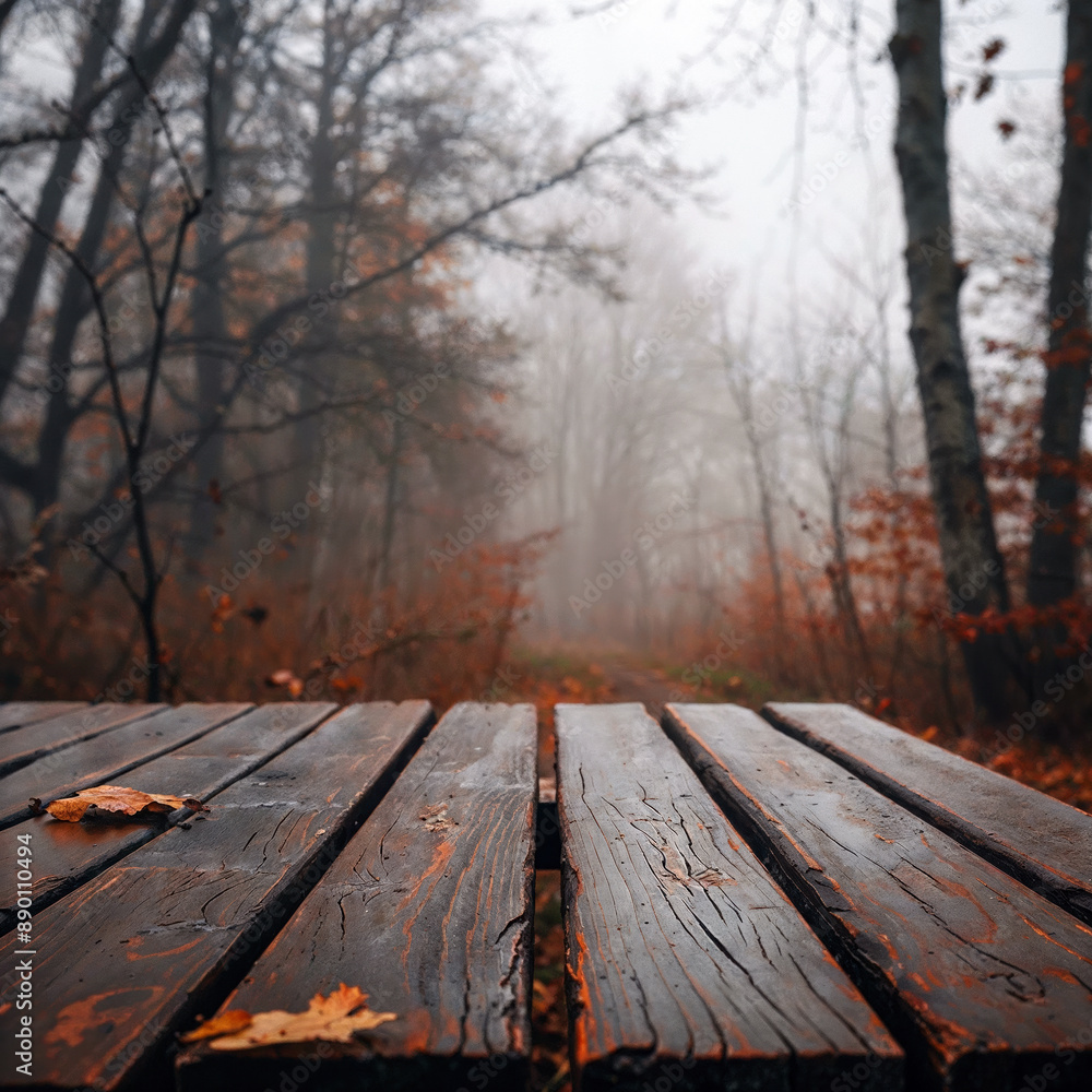 Poster empty wooden table with fallen leaves presenting misty autumn forest landscape in the background