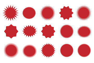 Collection of trendy retro Red, black stars shapes. Sunburst design elements set. Bursting rays clip art. Red sparkles. Best for sale sticker, price label, quality sign. Isolated on white.
