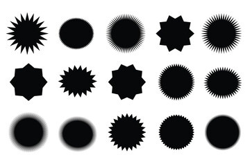 Collection of trendy retro Red, black stars shapes. Sunburst design elements set. Bursting rays clip art. Red sparkles. Best for sale sticker, price label, quality sign. Isolated on white.
