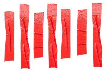 Top view set of wrinkled red adhesive vinyl tape or cloth tape in stripe shape isolated with clipping path in png file format