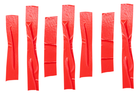 Top view set of wrinkled red adhesive vinyl tape or cloth tape in stripe shape isolated with clipping path in png file format