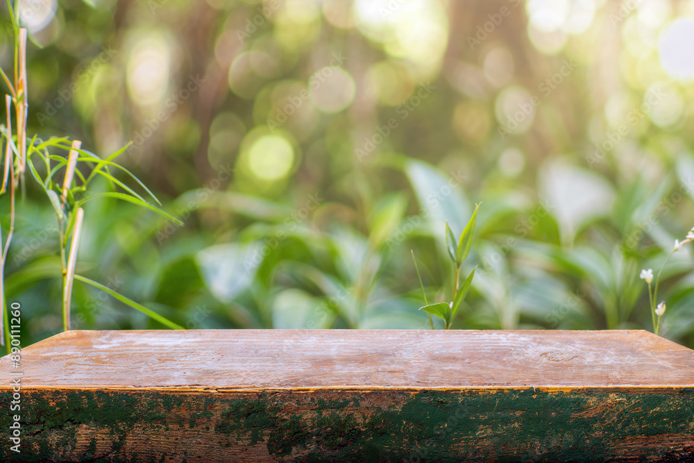 Poster empty wooden tabletop displaying lush green forest background with dappled sunlight