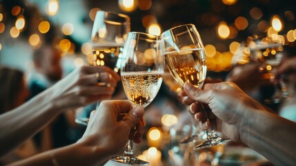 Fototapeta premium Group of friends cheering and toasting during a memorable date night at a lively restaurant, realistic photo, high resolution, festive setting