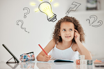 Happy girl, thinking and writing with book for homework, education or learning at home. Female person, child or kid in wonder with light bulb icon for idea on assesment, task or assignment at house