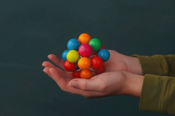 Hands holding a colorful molecular model against a dark green background, representing science, education, and learning.