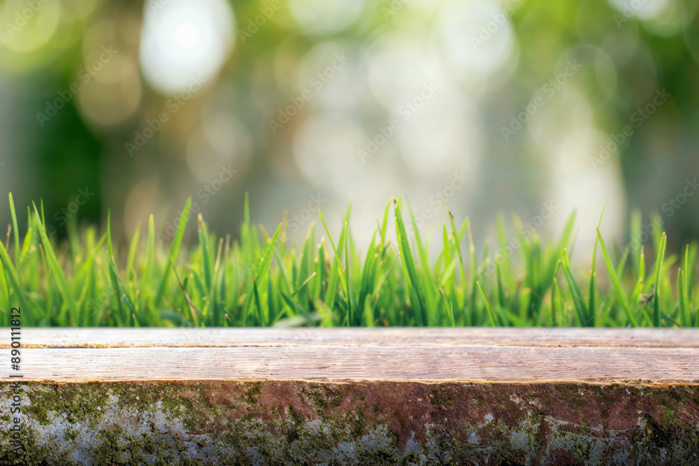 Poster empty wooden tabletop against lush green grass, perfect for product placement. evokes spring and sum