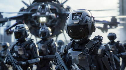 Naklejka premium Cybernetic Squadron: A legion of futuristic soldiers stand at attention, their advanced armor and weaponry hinting at the formidable power they possess. 