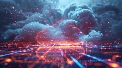 Obraz premium Futuristic Business Office With Integrated Cloud Computing and Seamless Connectivity