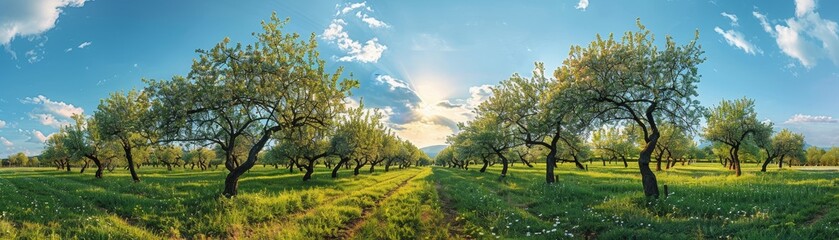 Obraz premium Orchard with blooming fruit trees under a bright blue sky with sunlight filtering through clouds