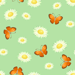 Butterflies and daisy flowers on green background. Floral seamless pattern. Vector cartoon flat illustration.