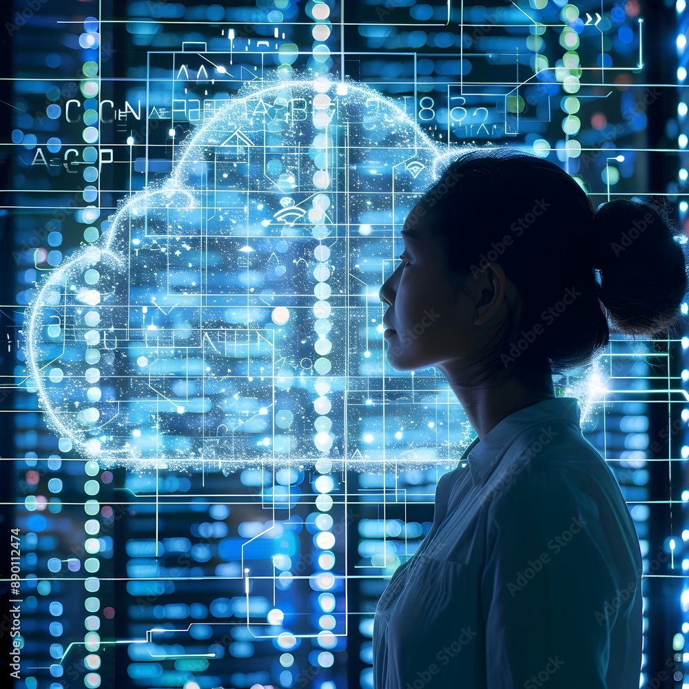 Poster data scientist analyzing big data on advanced cloud computing platform with analytics tools