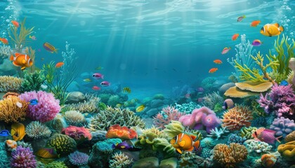 Vibrant underwater scene with colorful corals and tropical fish. Clear blue water with sunlight, creating a beautiful and serene marine environment.