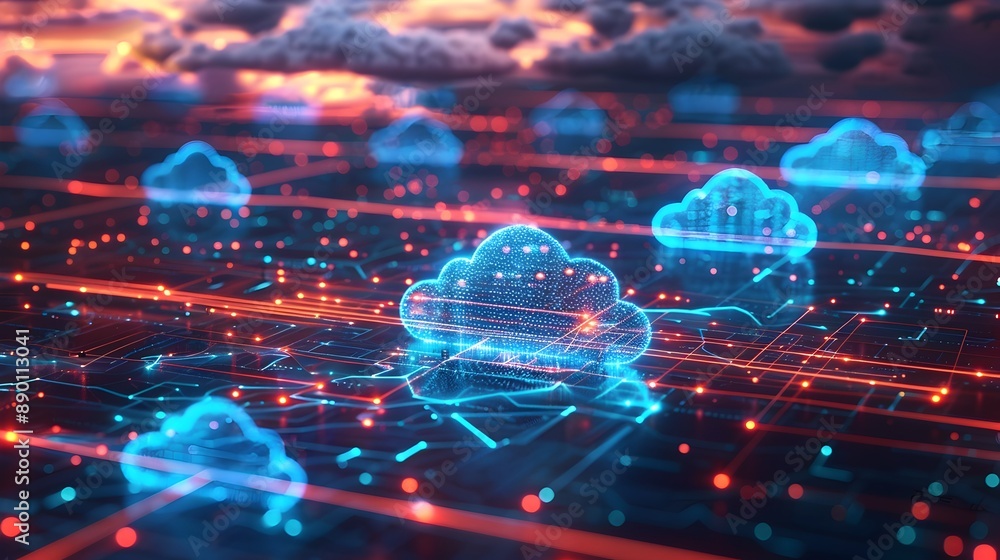Poster abstract representation of cloud data transfer with glowing lines and digital nodes cloud computing 