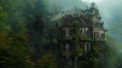 Obraz premium Contrast between an old abandoned hotel and nature