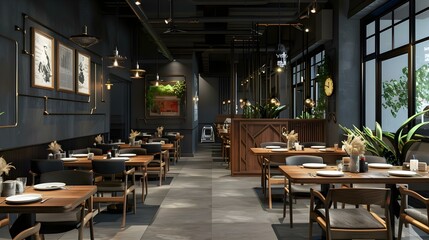 Modern interior of restaurant with dark gray walls