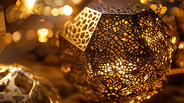 A single inflated dodecahedron intricately patterned in shades of metallic gold reflecting its surroundings.