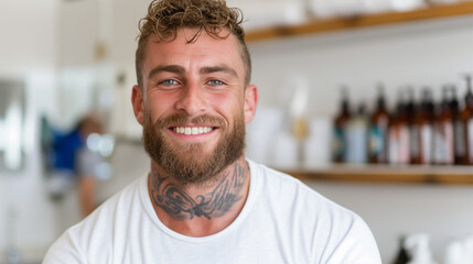 portrait of a man, bartender, smiling, working, bar, professional, model, candid, serving, drinks, customer service, apron, friendly, hospitality, mixologist, cocktail, beverage, cheerful, interaction