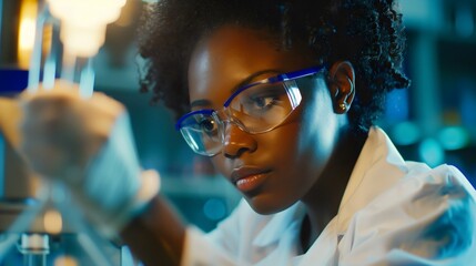 An African American black woman, a professional scientist with safety glasses, is doing research or a medical experiment on a sample in her laboratory. Chemistry and biology student, science analysis