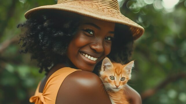 A pretty African American woman wih a hat, smiles and holds her little and adorable orange cat or kitty in her arms, hugging her. Pet care and loving animals, best friends and friendship, family love - Powered by Adobe