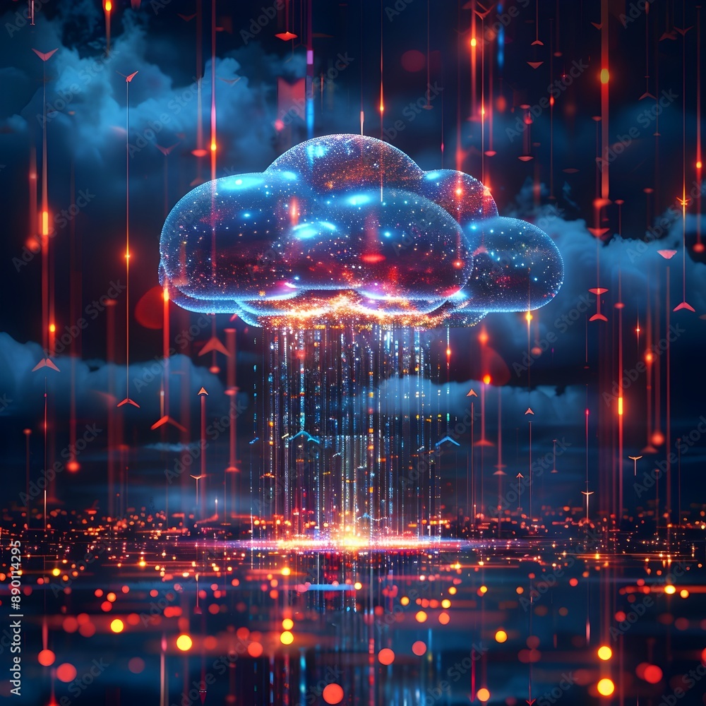 Poster abstract data flows into central cloud hub illustrating centralized data management and cloud comput
