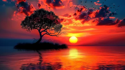 the tree stands alone at sunset