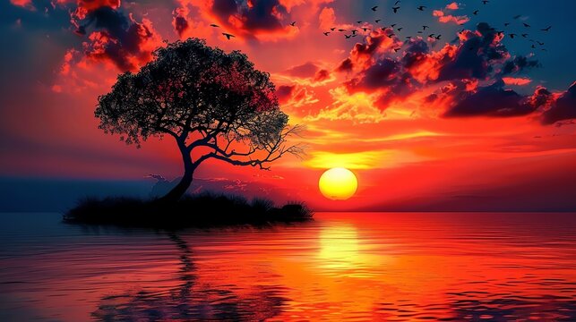 the tree stands alone at sunset
