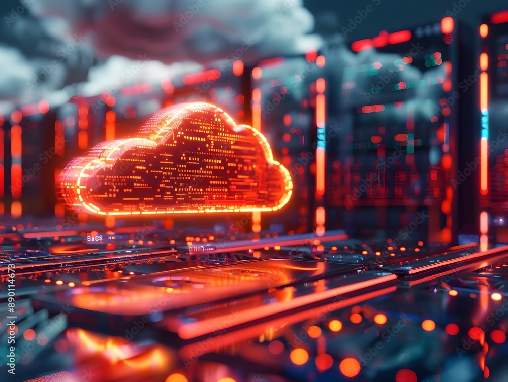 Poster futuristic cloud data center with glowing servers and automated systems cloud computing concept