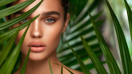 Fototapeta premium A woman with green eyes and a tan complexion is standing in front of a green leafy plant